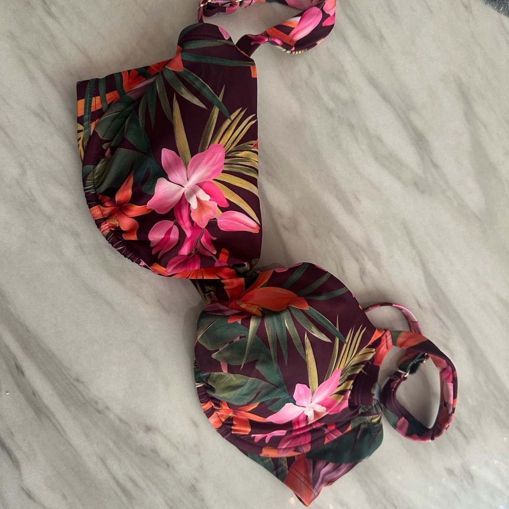 NWT Shade & Shore Burgundy Floral Halter Bikini Top with Pink & Green Accents